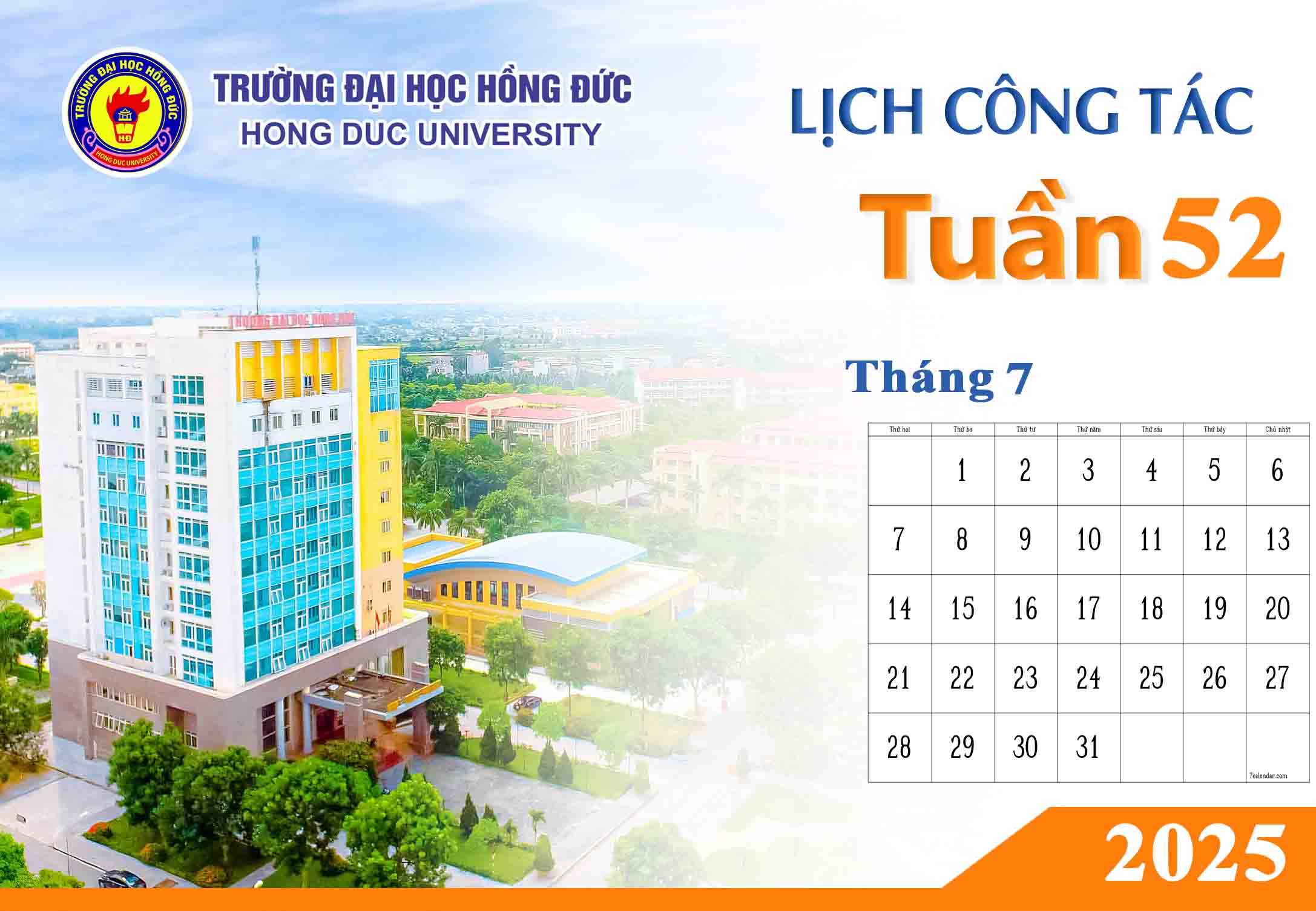 LỊCH CÔNG TÁC TUẦN 52 (Từ ngày 21/7/2025 đến ngày 27/7/2025)